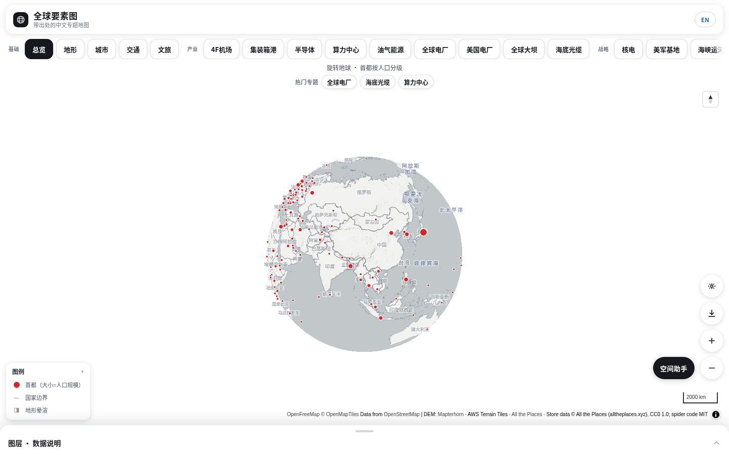 全球要素图首页：专题按基础、产业、战略、科学分组，右下角是空间助手入口