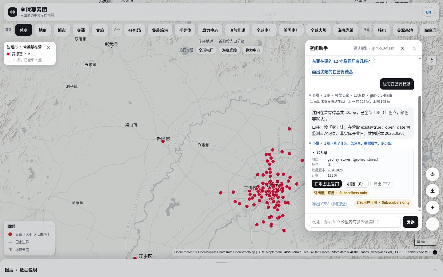 “沈阳在营肯德基”：125 家门店上图，回答附口径，小票写明数据版本和计数，导出按钮标着“订阅用户可用”